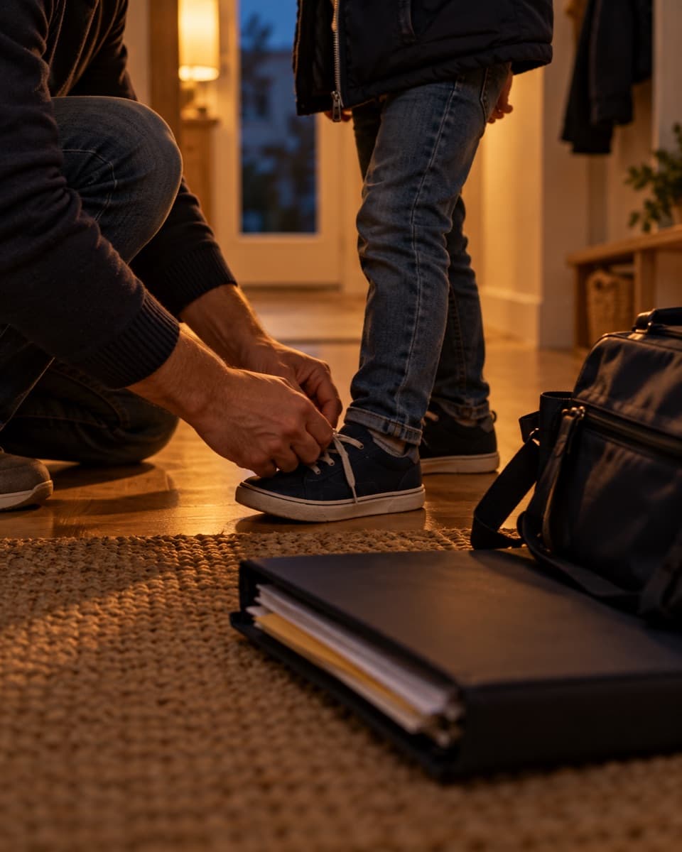 Una persona se agacha a atarle los zapatos a un niño en el recibidor de casa, con la mochila del trabajo en el suelo