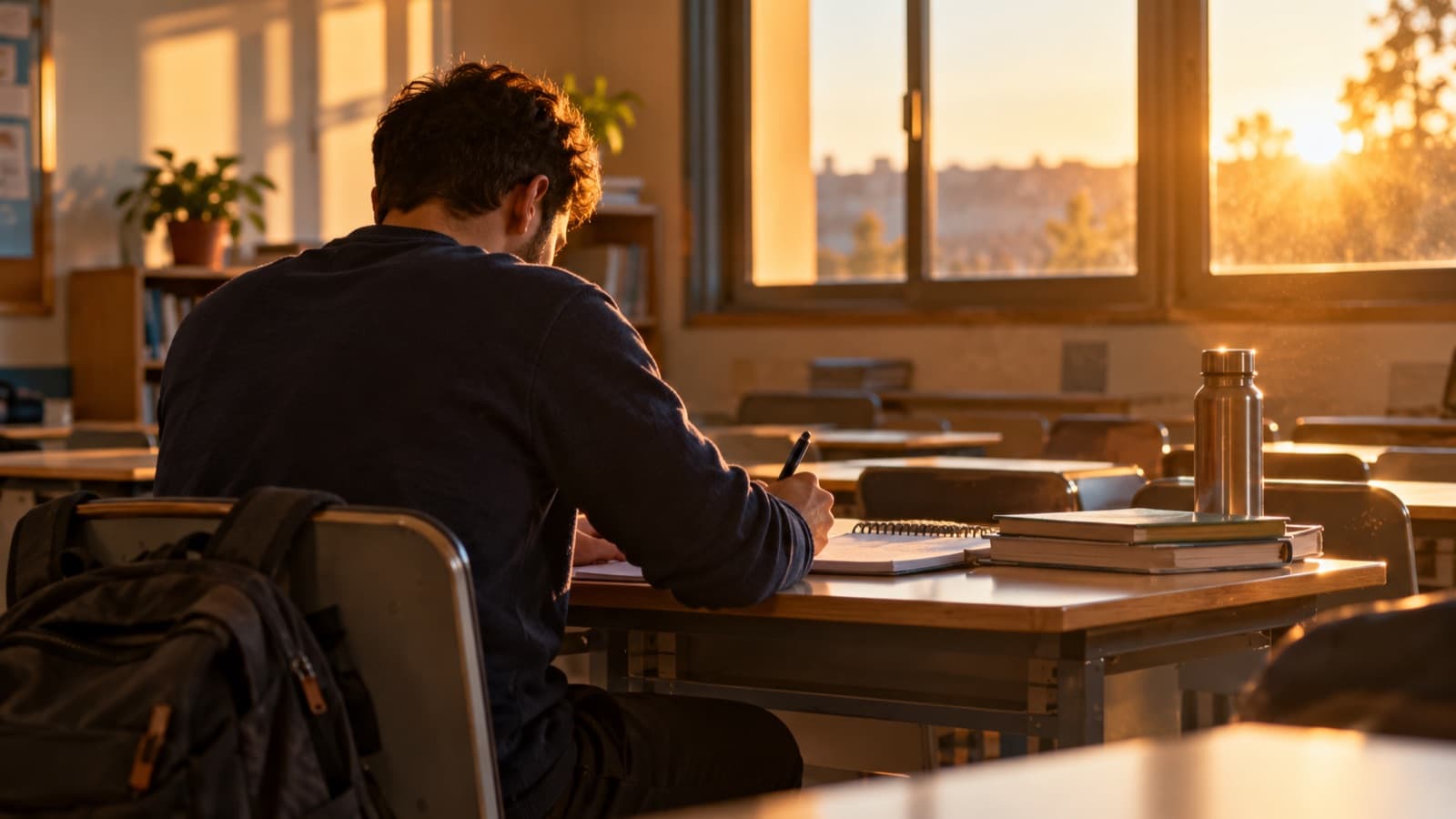 Un alumno adulto escribe en su cuaderno en un aula, al atardecer, con la mochila colgada de la silla