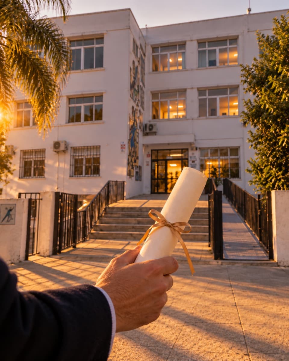 Una mano sostiene un título enrollado con un lazo dorado frente a la entrada del IES Fray Bartolomé, al atardecer