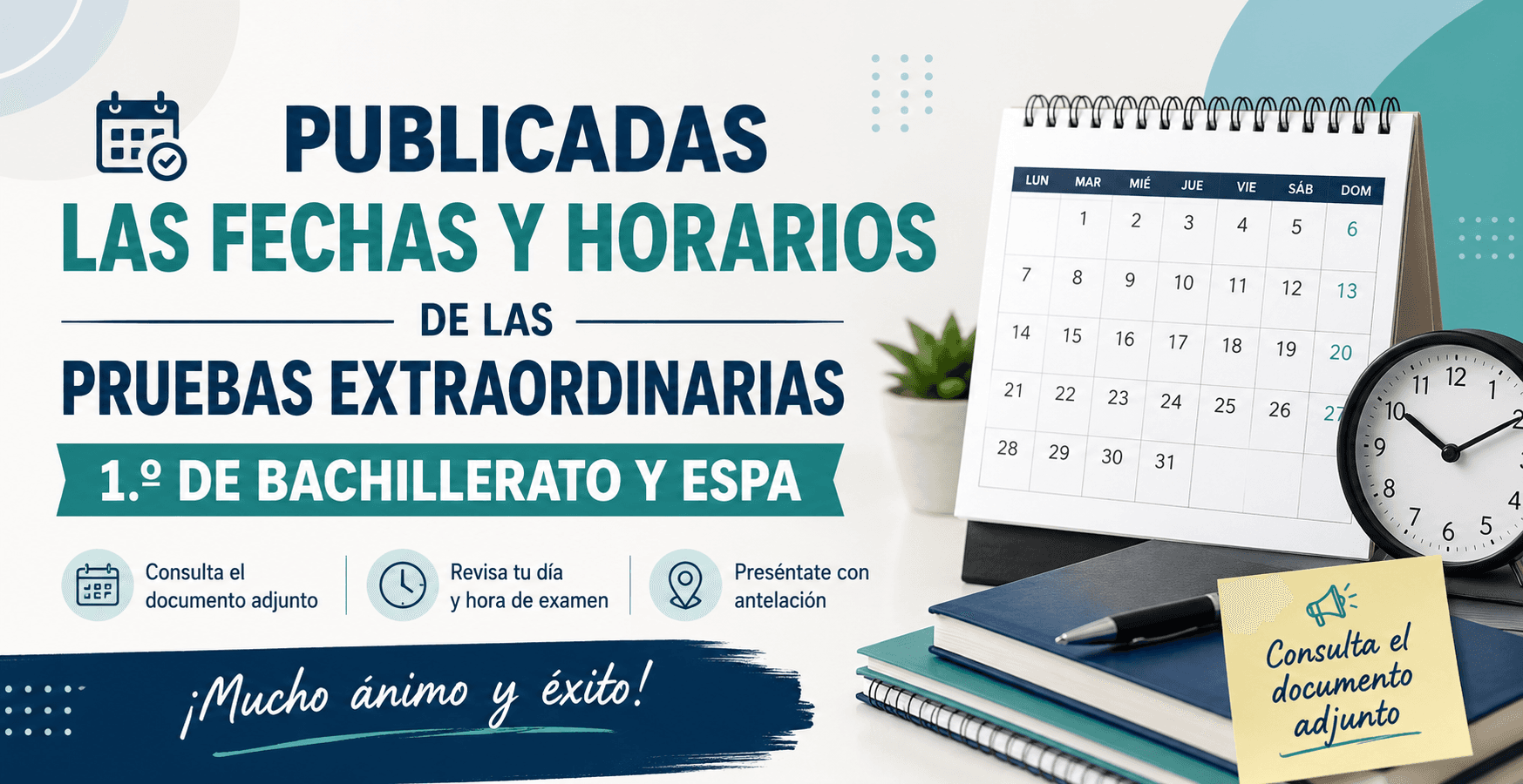 Fechas y horarios de las pruebas extraordinarias de 1.º de Bachillerato y ESPA